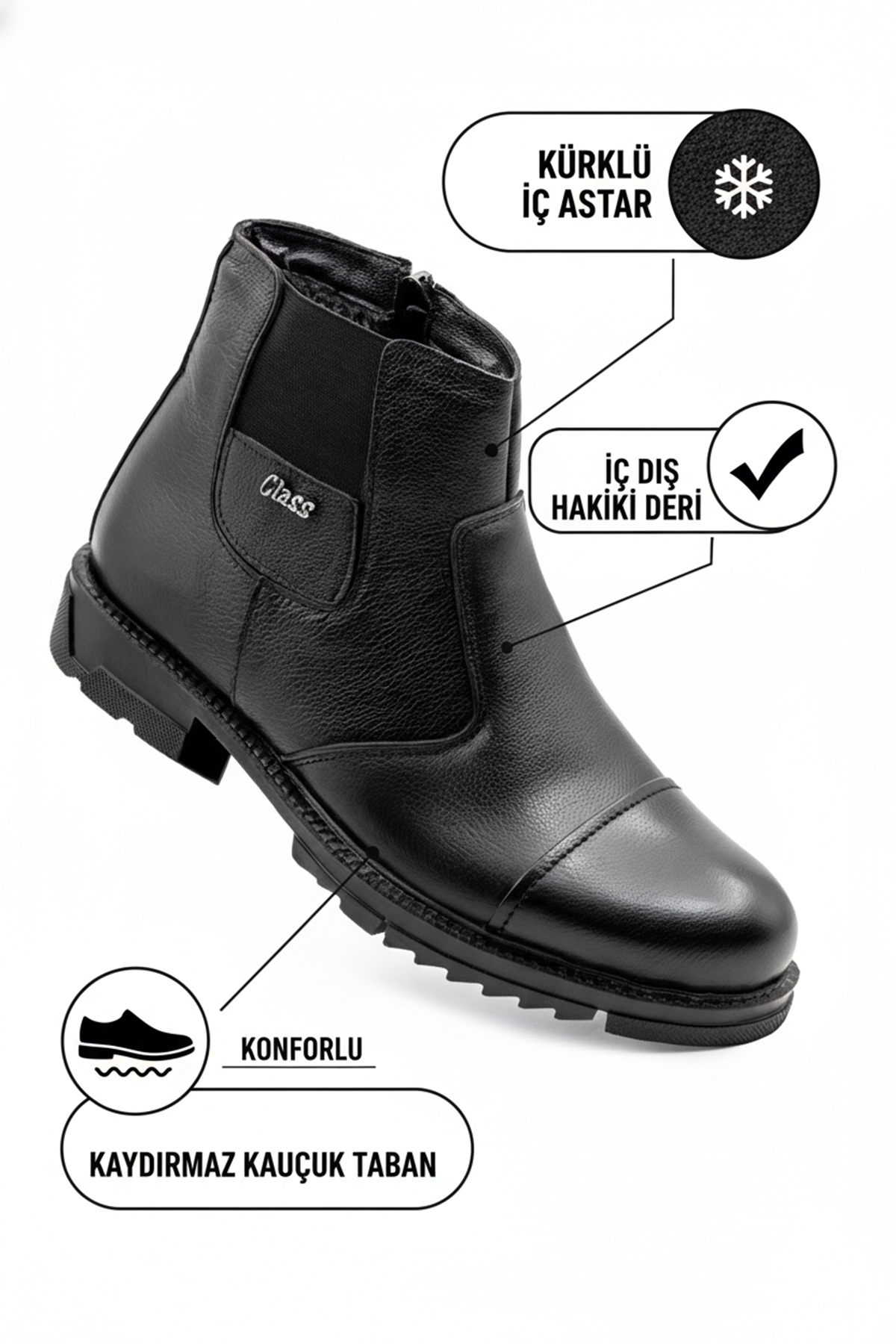 Levarno Caldor Frost Hakiki Deri İçi Kürklü Fermuarlı Kışlık Siyah Günlük Erkek Bot - Görsel 3
