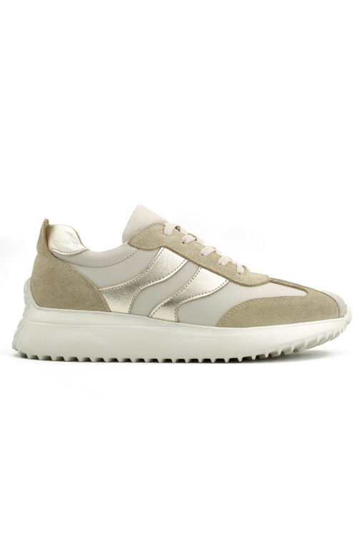 Levarno Duotone Hakiki Deri Kadın Bej – Altın Casual Sneaker Ayakkabı (Süet Detaylı)