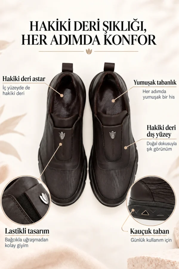 Levarno Hakiki Deri Kadın Kahverengi Casual Lastikli Günlük Ayakkabı LV84739 - görsel 3