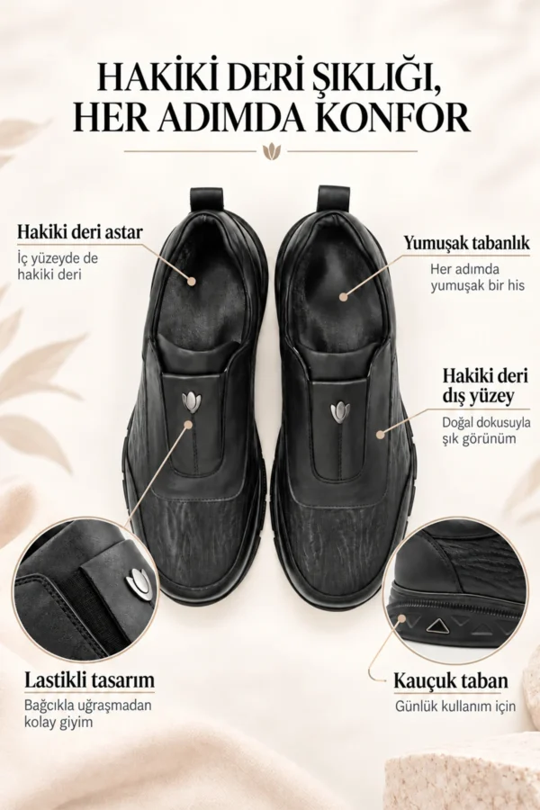 Levarno Hakiki Deri Kadın Siyah Casual Lastikli Günlük Ayakkabı LV84739 - görsel 3